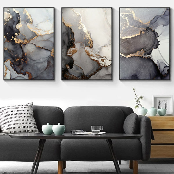Tableau Abstrait Triptyque Noir et Doré
