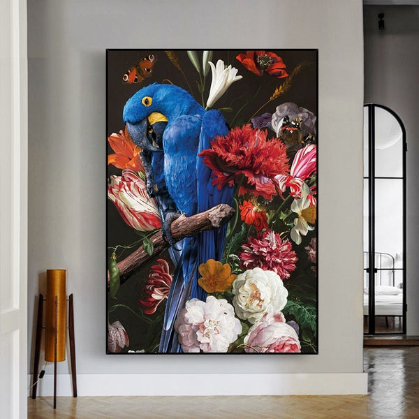 Tableau Floral Perroquet Bleu